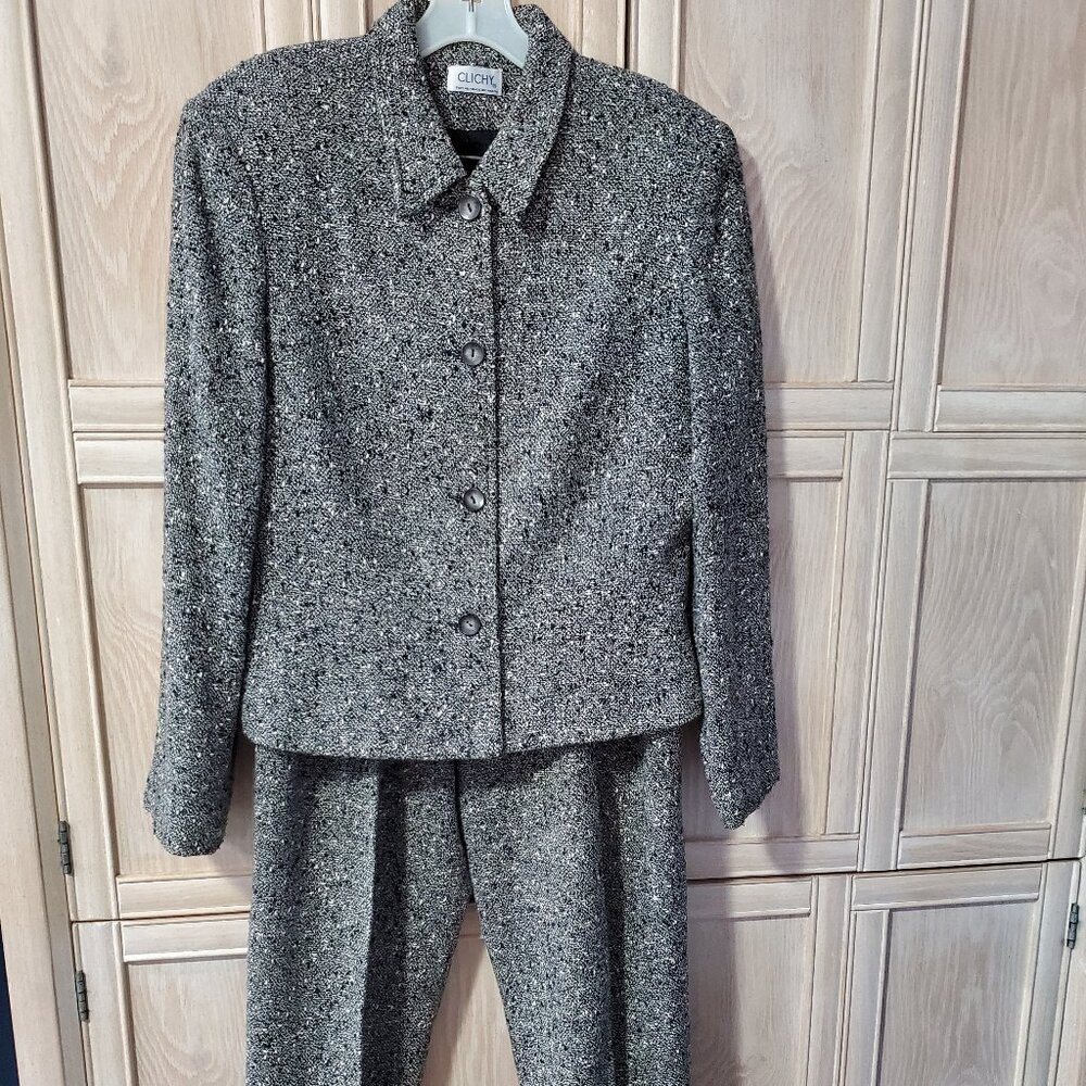 Vintage Clichy Bouclé Pants Suit, Cropped Jacket and Pleated Pants, Size 8